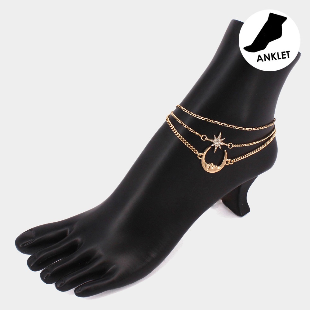 3 PCS star and crescent moon charm ankle bracelet set